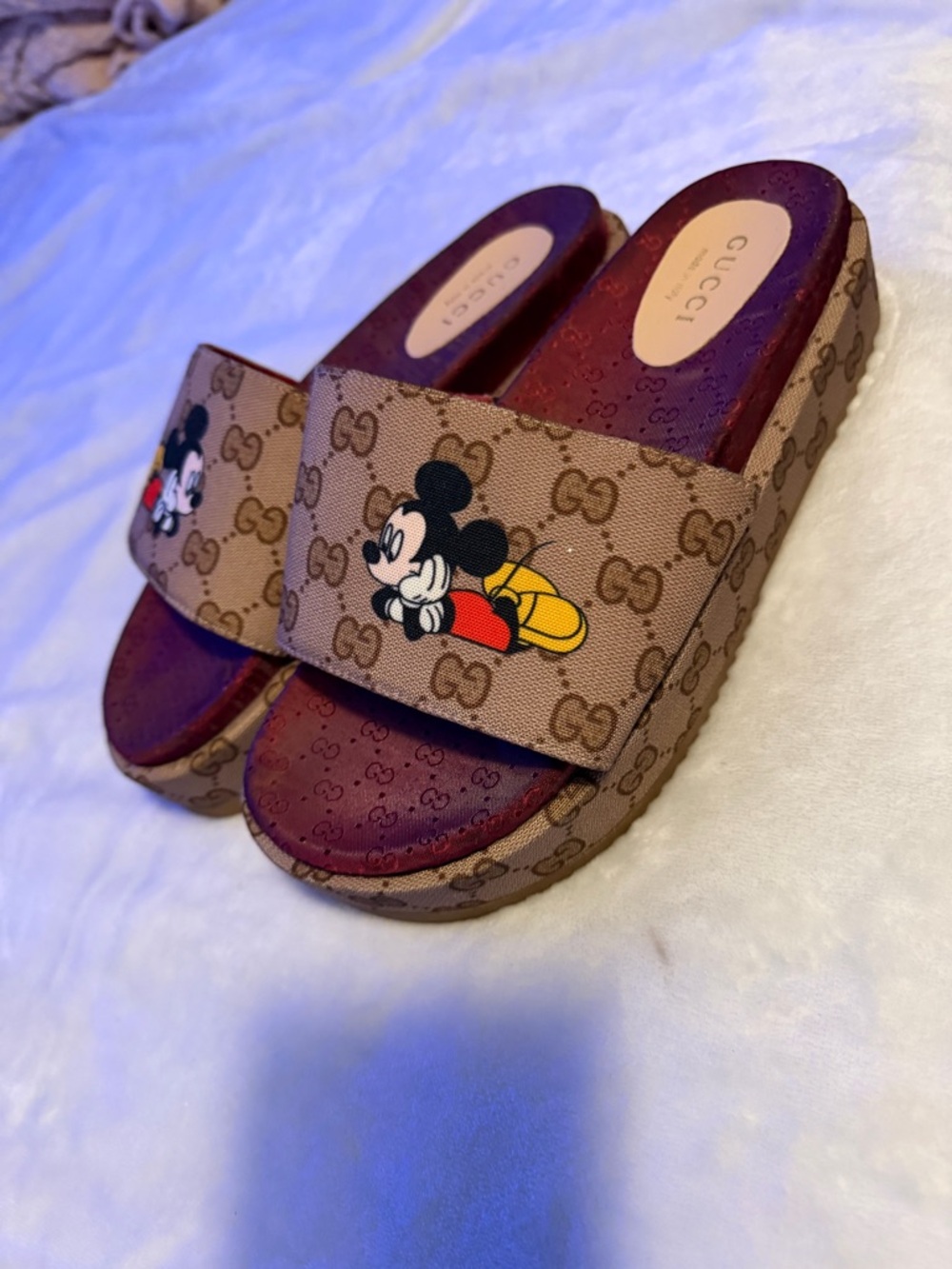 Gucci women Brown GG Mickey Slide Sandals with Red & Yellow Accent